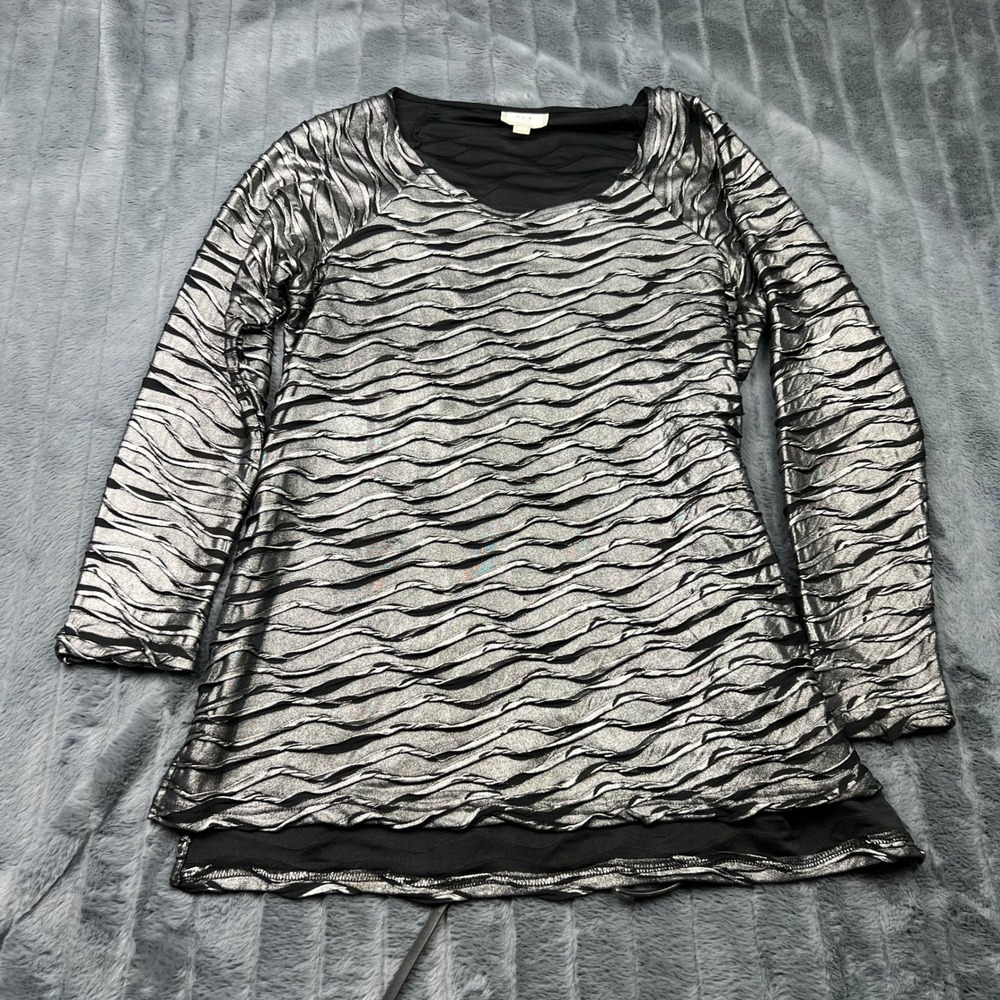 ECI New York Metallic Silver Black Textured Wave V-Neck Tunic Top Large 14983